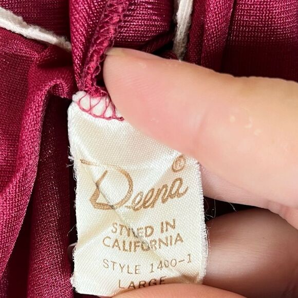 Vintage Burgundy Wine Coquette Dainty Prairie Milkmaid Nylon Nightgown Dress L - Picture 10 of 11